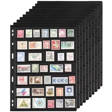 An open album displaying an organized collection of postage stamps.