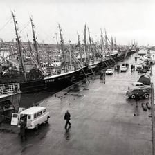The harbour and fishing vessels at Grimsby, a port on the Lincolnshire coast.
