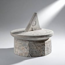 A sundial whose raised pointer casts a shadow across its marked face.