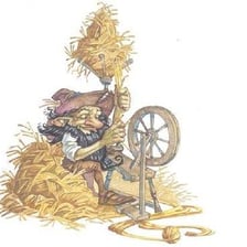 An illustration of Rumpelstiltskin spinning straw in the fairy tale.