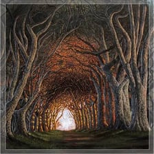 A painting blending an ordinary realistic setting with fantastical elements.