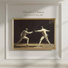 Two people engaged in a fencing duel.