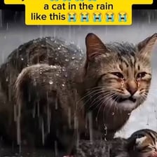 A cat with wet fur sitting in the rain.