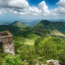 A mountainous tropical landscape in Haiti.