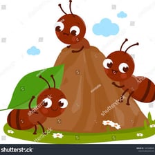 Worker ants around the entrance to an anthill