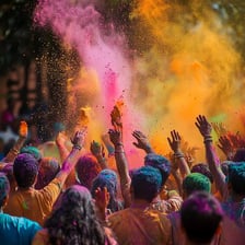 A lively outdoor festival with decorations and celebrating crowds.
