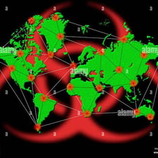 A world map showing the international spread of an infectious disease.