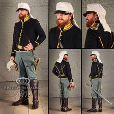 A mounted military trooper wearing a uniform.