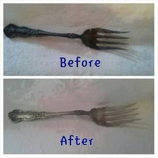 A comparison showing bright silver beside tarnished, darkened silver.