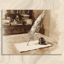 An old feather quill pen beside an inkpot