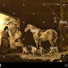 A historical stable worker tending horses outside an inn.