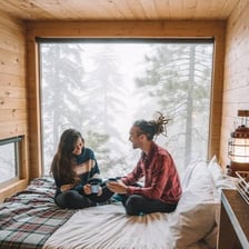A person asleep inside a small cabin.