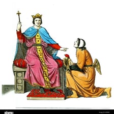 A historical scene depicting a feudal subject before a monarch