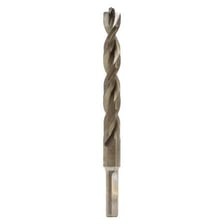 A close-up of a metal drill bit used for boring holes.