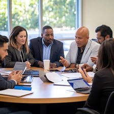 Company employees gathered around a conference table.