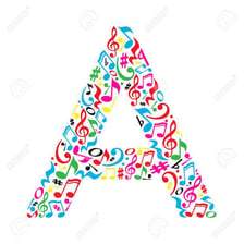 An educational illustration combining alphabet letters with written musical notation
