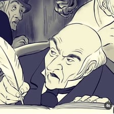 An illustration of Ebenezer Scrooge as a miser.