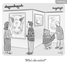 Paintings displayed upside down on a gallery wall