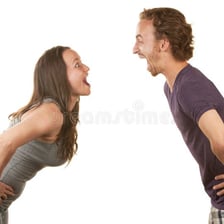 Two people facing each other in a visibly hostile argument.