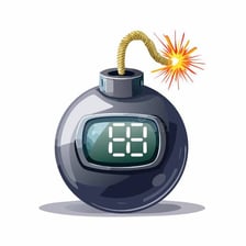 A stylized time bomb with a visible clock and fuse