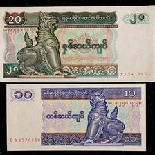Myanmar kyat banknotes.