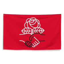 A political rally featuring socialist flags and symbols