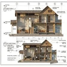 A cutaway building showing its upper storey.