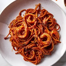 A plate of cooked pasta served as a staple food.