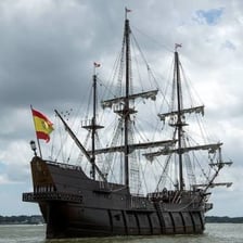 A historical galleon sailing ship with multiple masts