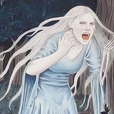 An artistic depiction of a banshee as a wailing ghost.