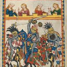 Medieval knights competing in a jousting tournament
