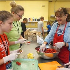 Volunteers serving meals at a community soup kitchen