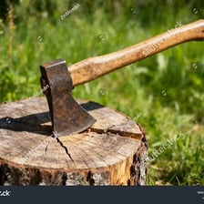 A close-up of a woodcutting axe