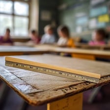 A wooden ruler lying on a classroom desk.
