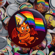 A colourful friendly demon illustration with rainbow-themed styling