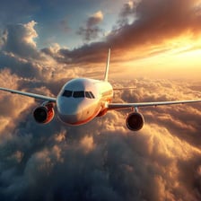 A passenger airplane flying above the clouds