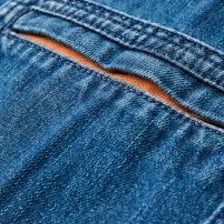 A close-up view of blue denim dungarees