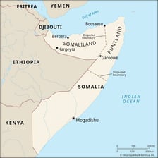A map showing Somalia on the Horn of Africa