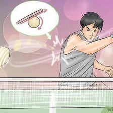 A table-tennis player striking a ball with spin