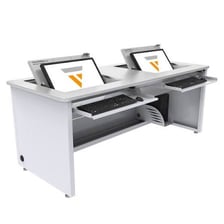 A computer monitor in a classroom.