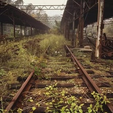 An overgrown railway line that is no longer in use