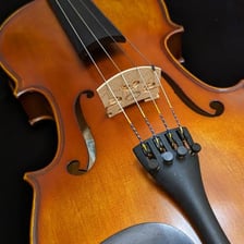 A viola, a bowed stringed instrument, shown close up