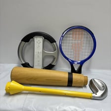A tennis racket and a baseball bat shown as sports equipment.