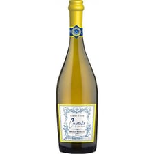 A bottle of Asti sparkling wine beside a vineyard