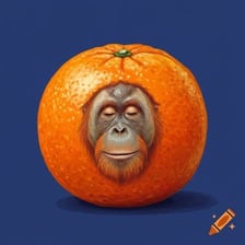 An orangutan pictured near an orange fruit, illustrating the two source words.