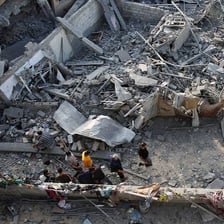 Scattered rubble and fragments left after destruction