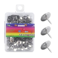 A thumbtack fixing a sheet of paper to a noticeboard.