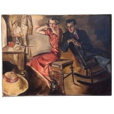 A stylish man surrounded by admiring women in a vintage illustration.
