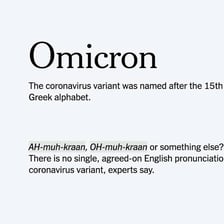 A simple wordplay diagram showing OMICRON with the letters RON removed to leave OMIC.