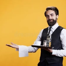 A traditionally dressed butler serving in a formal dining room